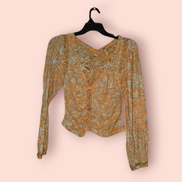 Free People Say The Word Cropped Top - Ruched Floral Boho Blouse Orange V-neck - Picture 1 of 3